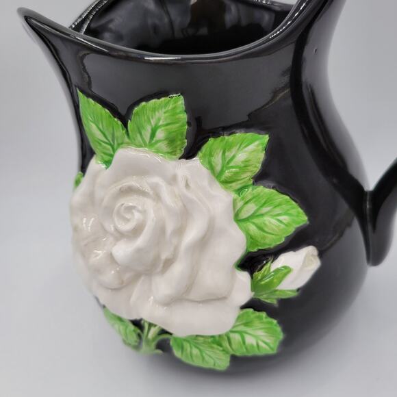 Vintage Fitz & Floyd Pitcher Black White Rose Floral Pattern Ceramic Handpainted - Picture 5 of 9